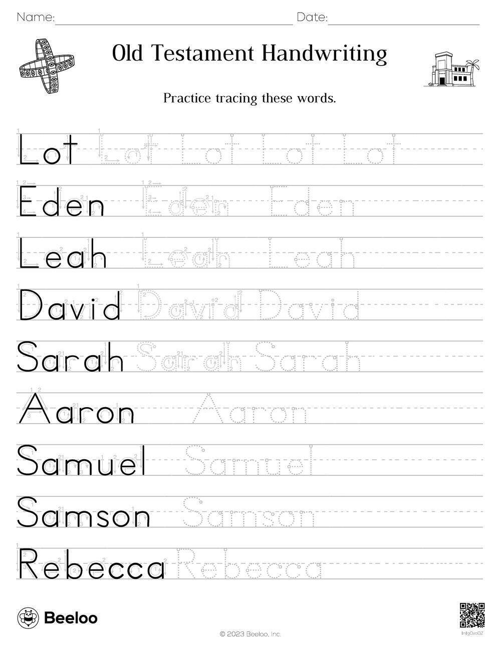 Old Testament Themed Word Tracing Worksheets Beeloo Printable Crafts And Activities For Kids