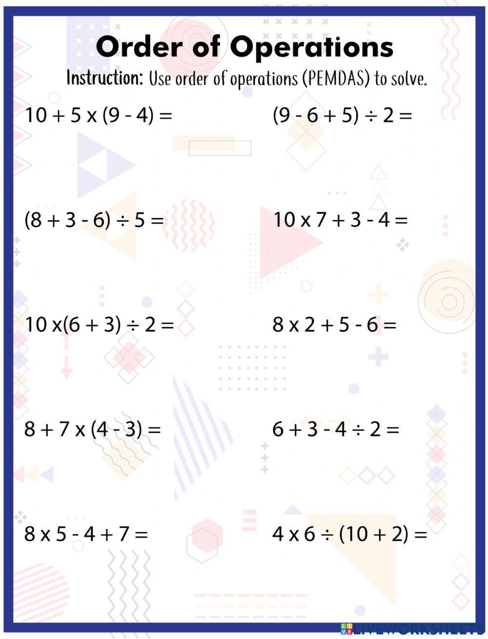 Order Of Operations Exercise For 3 Worksheets Library