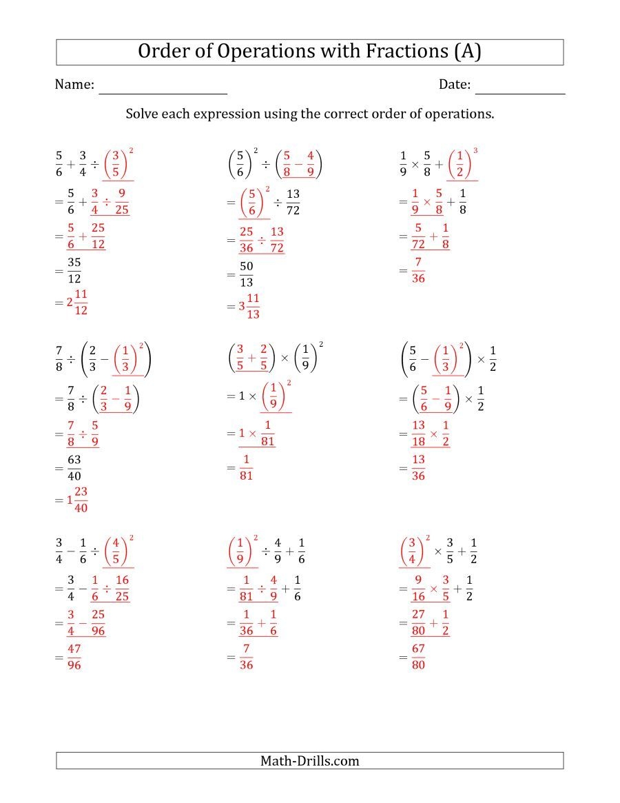 Order Of Operations With Positive Fractions Three Steps A