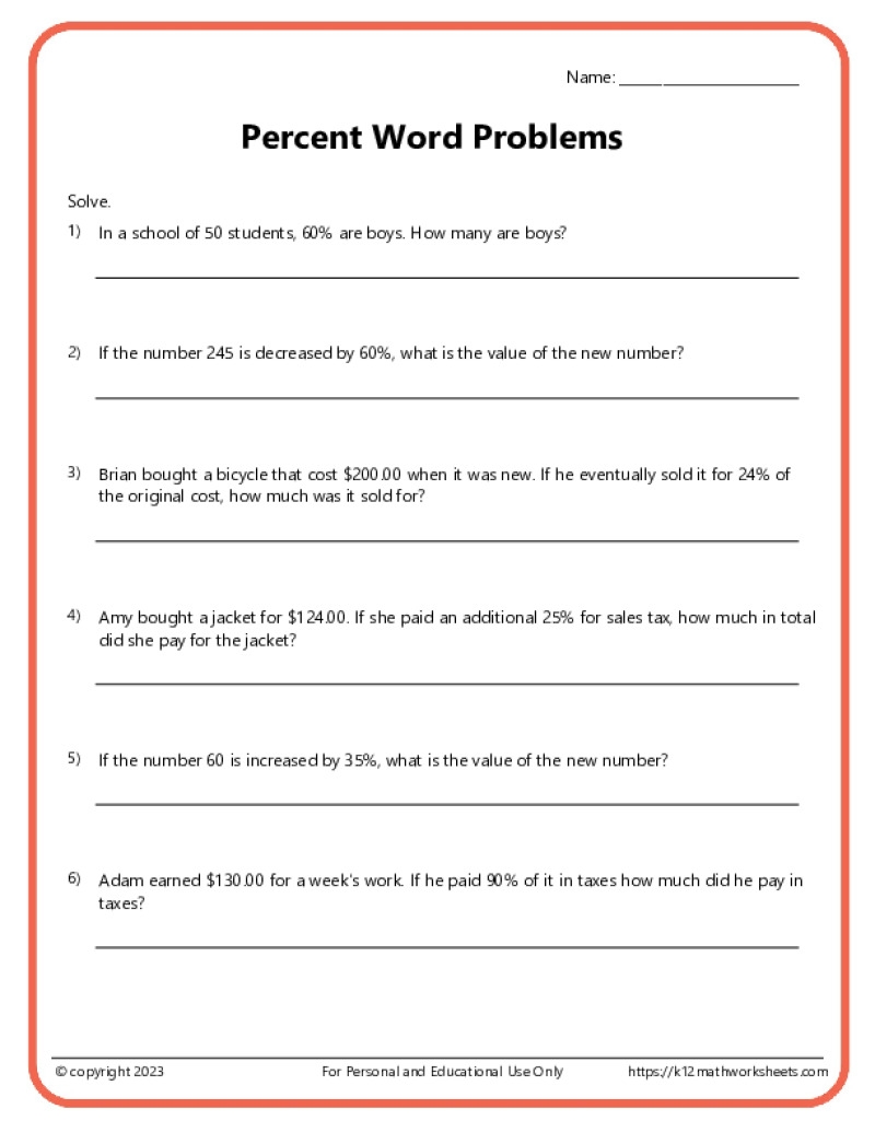 Percent Word Problems Worksheets K12 Math Worksheets