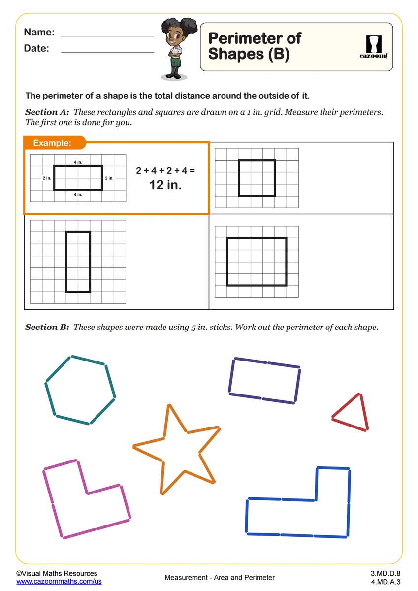 Perimeter Of Shapes B PDF Printable Measurement Worksheets Cazoom Math 3rd Grade Area And Perimeter Worksheets K12 Math Worksheets