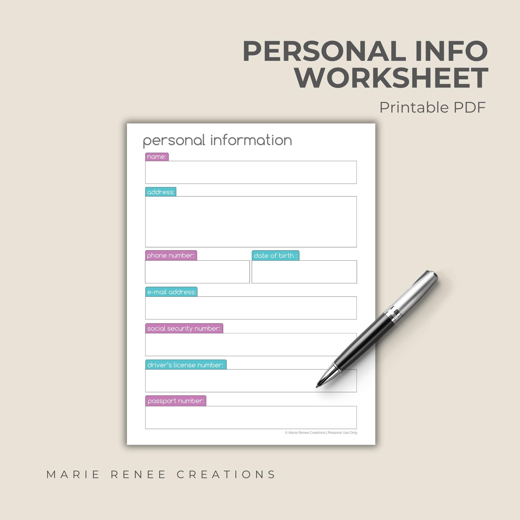 Personal Information Worksheet Info Form Printable Etsy