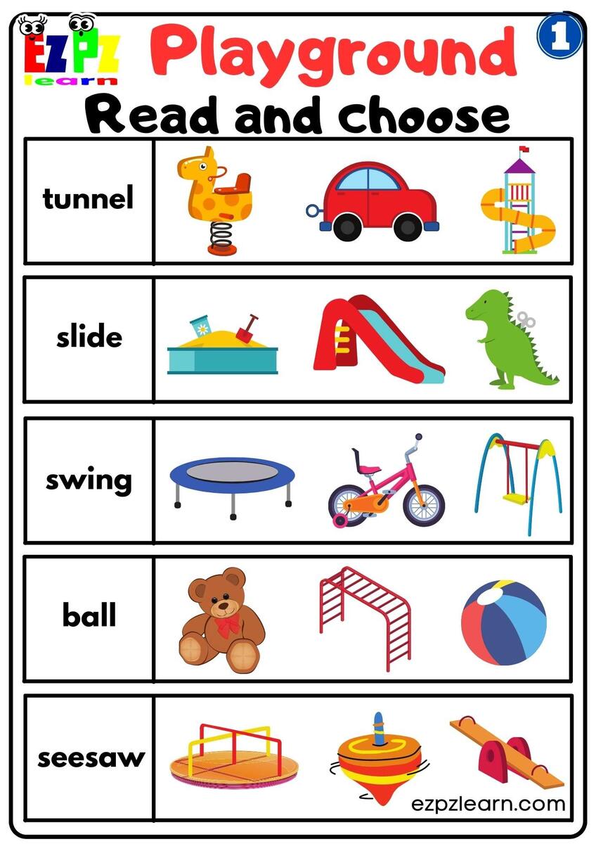 Playground 1 Read And Choose Worksheet For Kindergarten And ESL Students Free PDF Download Ezpzlearn Playground Vocabulary 2 Read Check And Write Worksheet For Kindergarten And ESL Students Free Download Ezpzlearn