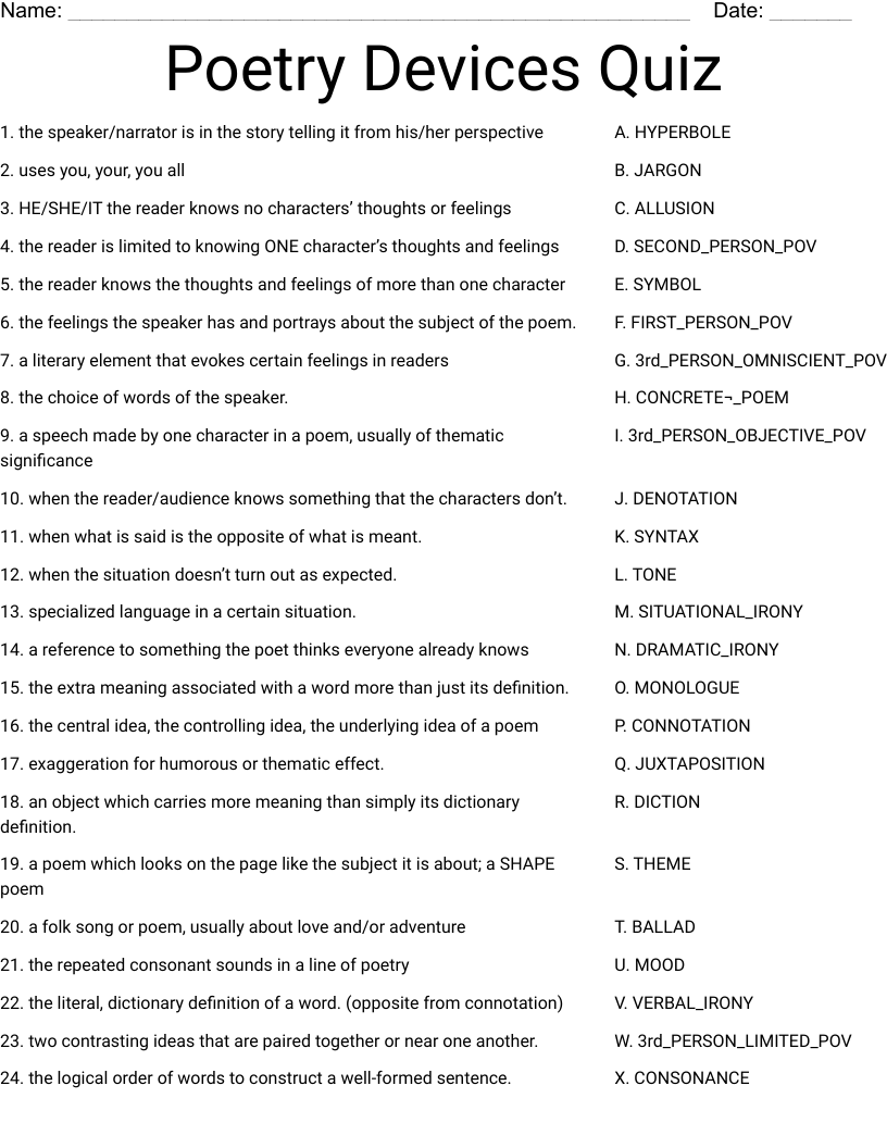 Poetry Devices Quiz Worksheet WordMint