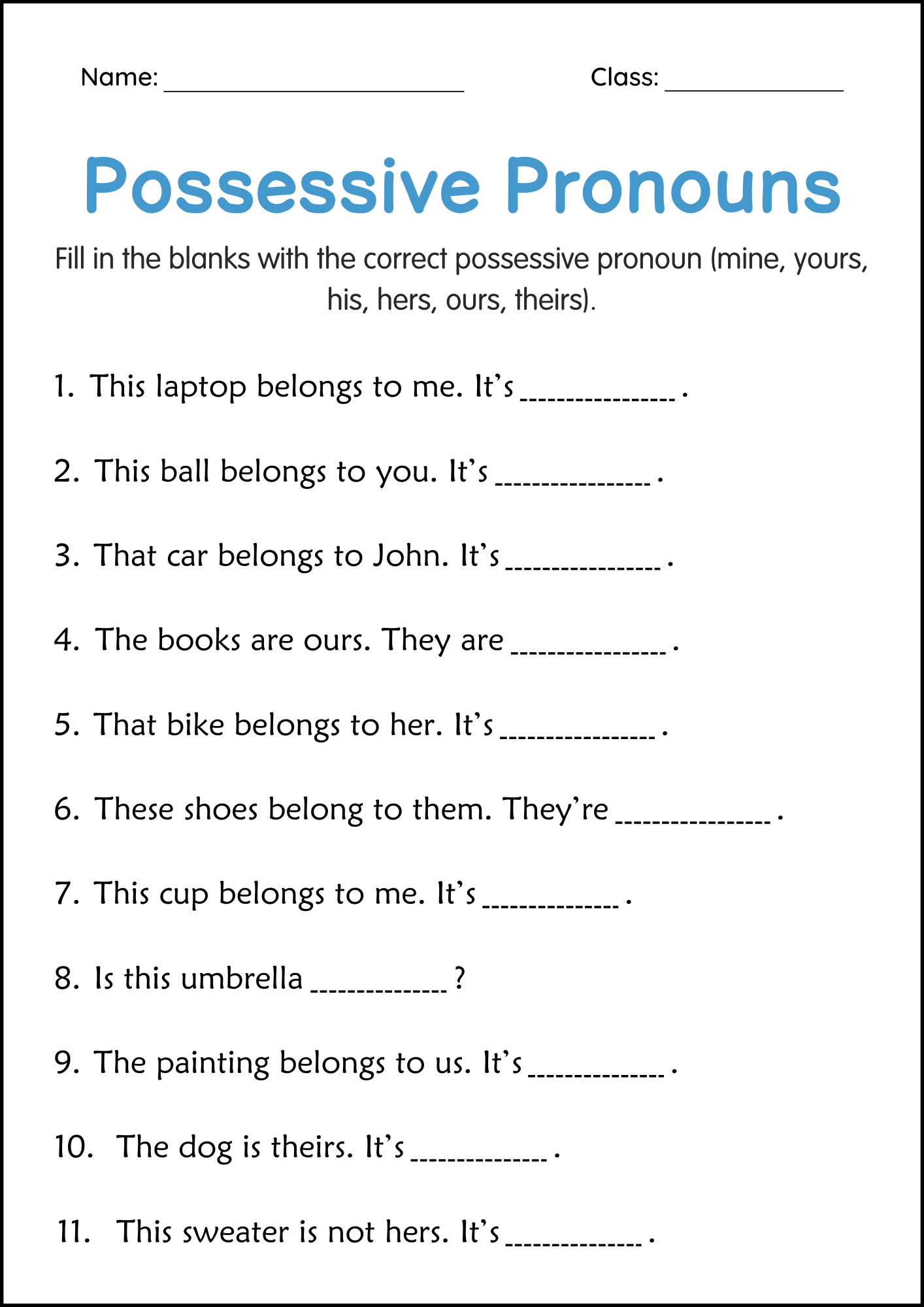 Possessive Pronouns Grammar Activity Worksheets For Grade 2 3 4 Made By Teachers Printable 5th Grade Possessive Pronouns Worksheets