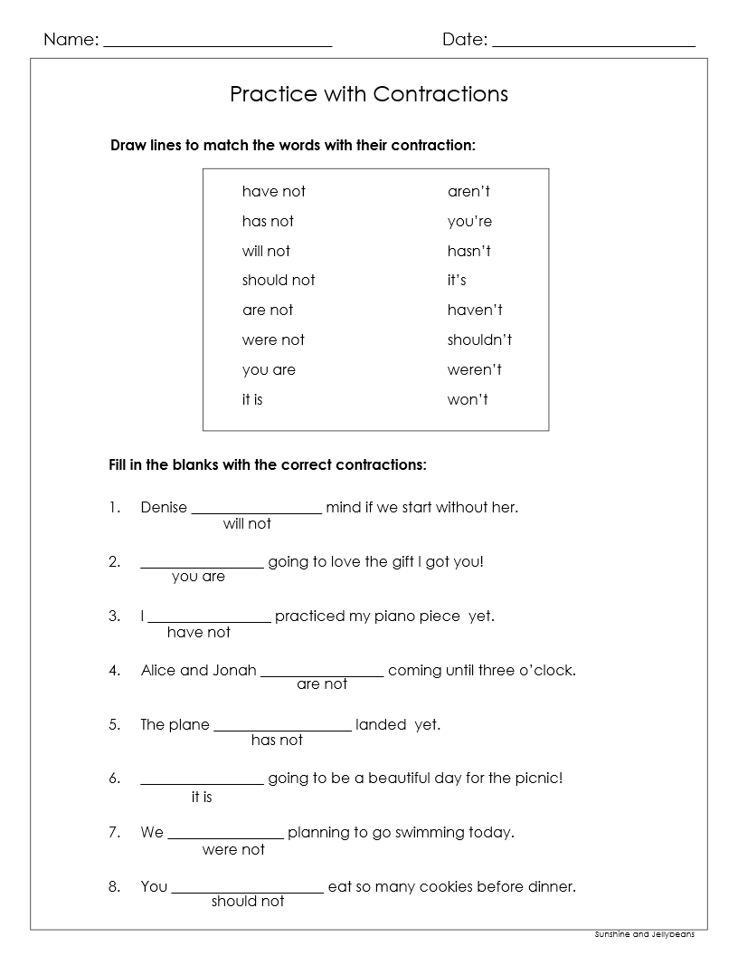 Practice With Contractions 3 Worksheets Grade 2 Matching And Writing Google Drive Made By Teachers