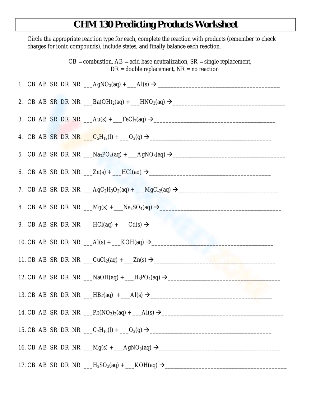 Worksheet Key For Predicting Products Of Chemical Reactions Worksheets Library