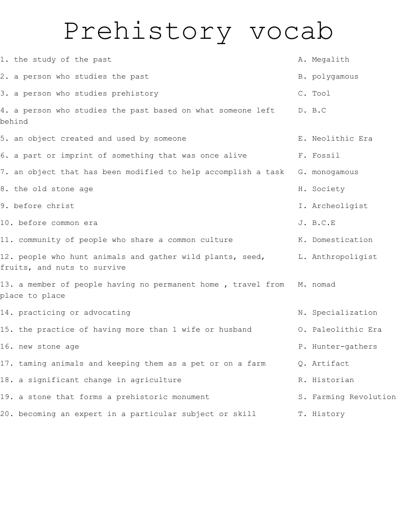 Prehistory Vocab Worksheet WordMint