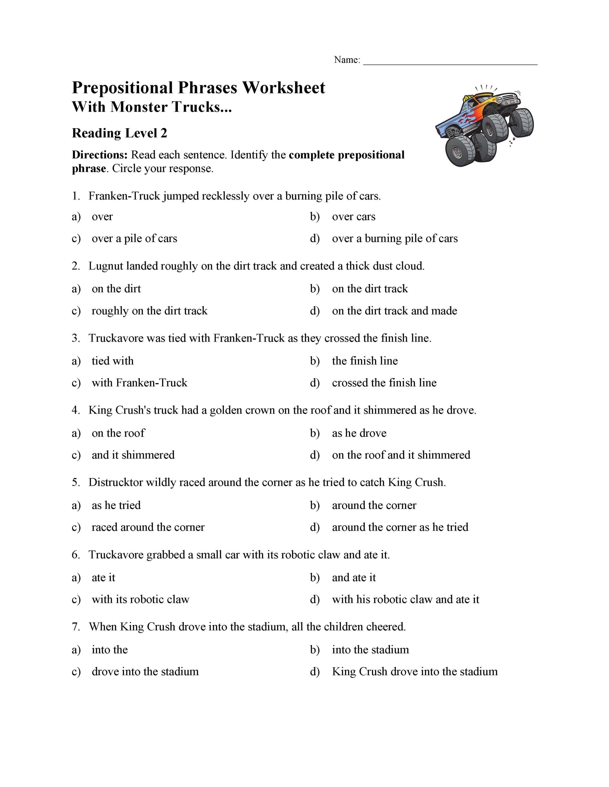 Prepositional Phrases Worksheet With Monster Trucks Parts Of Speech Activity Parts Of A Sentence Worksheets Prepositional Phrase Worksheets