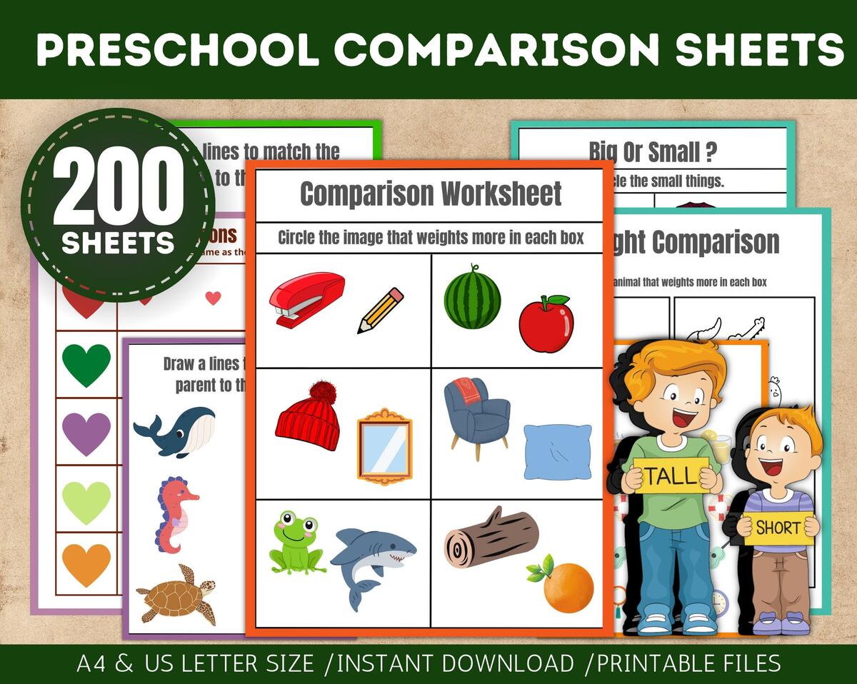 Preschool Comparison Worksheets Preschool Worksheets Preschool Printable Worksheets Activity Worksheets Printable Toddler Worksheets Etsy
