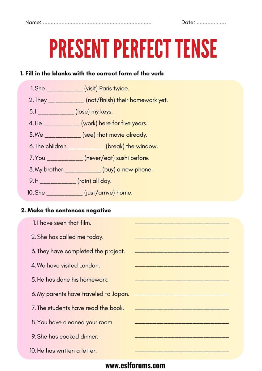 101 Present Perfect PDF Worksheets With Answers Grammarism