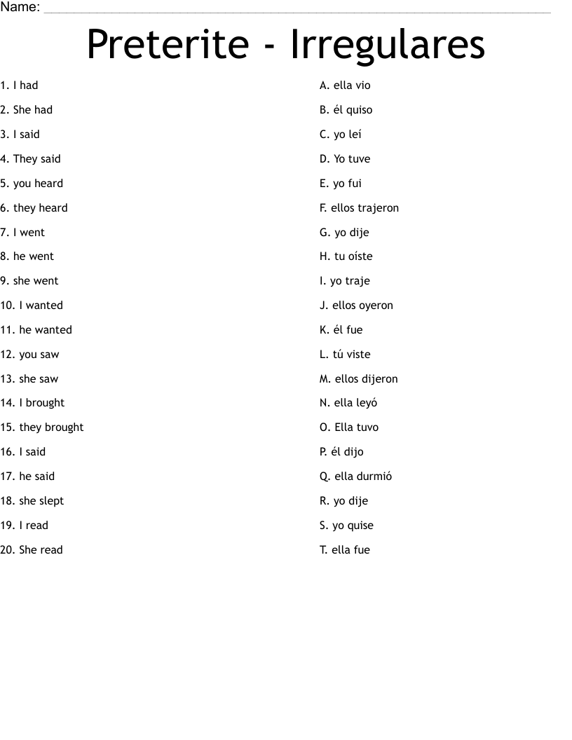 Irregular Preterite Verbs Crossword WordMint