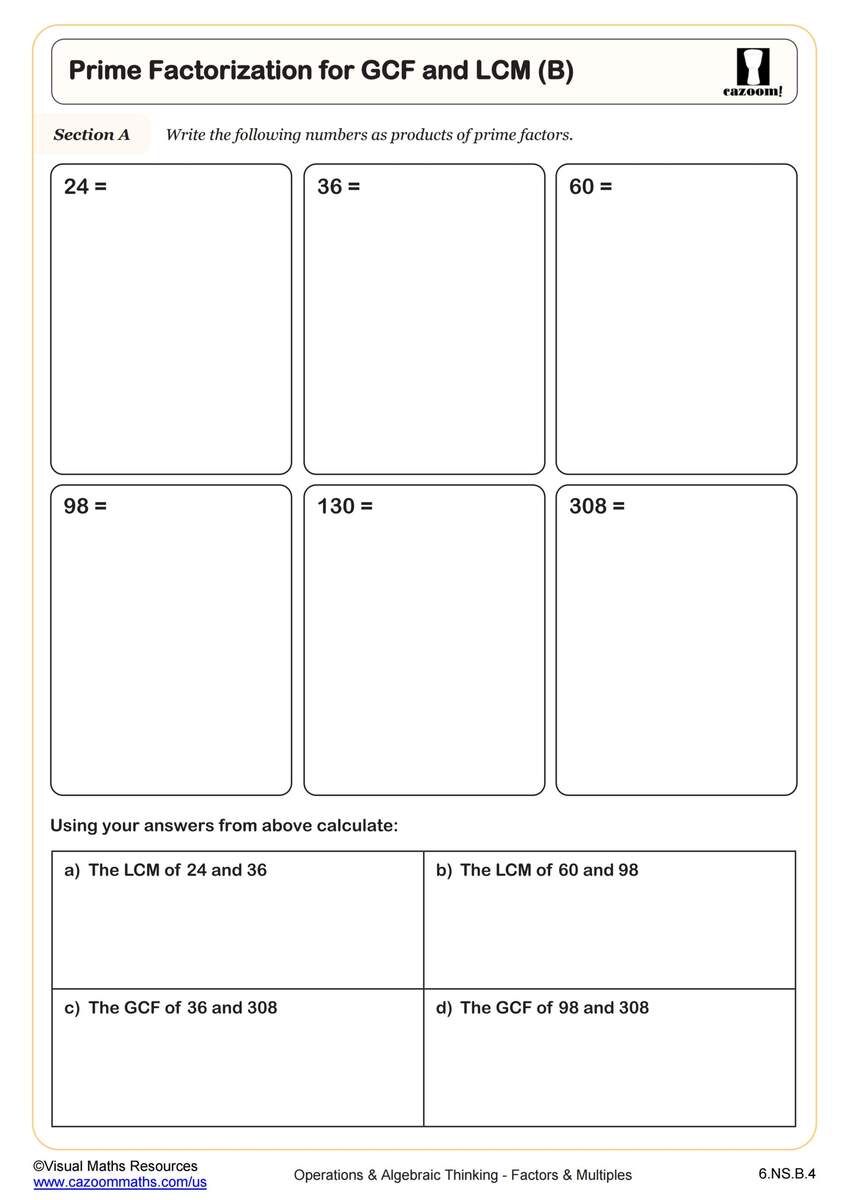 Finding The GCF And LCM Using Venn Diagrams Worksheet Fun And Engaging 6th Grade PDF Worksheets Cazoom Math