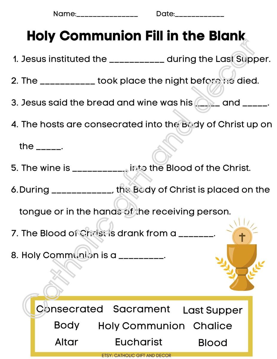 Printable Catholic First Communion Fill In The Blank 1st Communion Worksheet 1st Holy Communion First Holy Communion Instant Download Etsy Printable Free First Communion Coloring Page