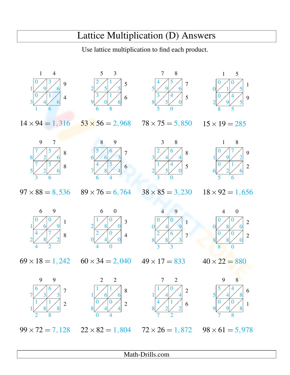 Printable Easter Lattice Multiplication Worksheets
