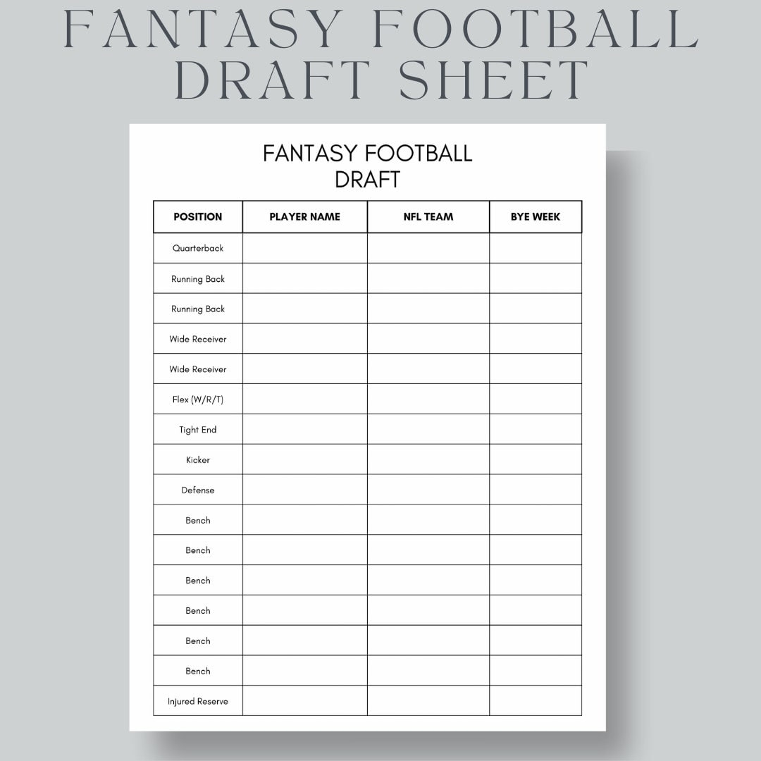 Printable Fantasy Fantasy Football Draft App Free Fantasy Football Draft Sheet US Letter A4 A5 Instant
