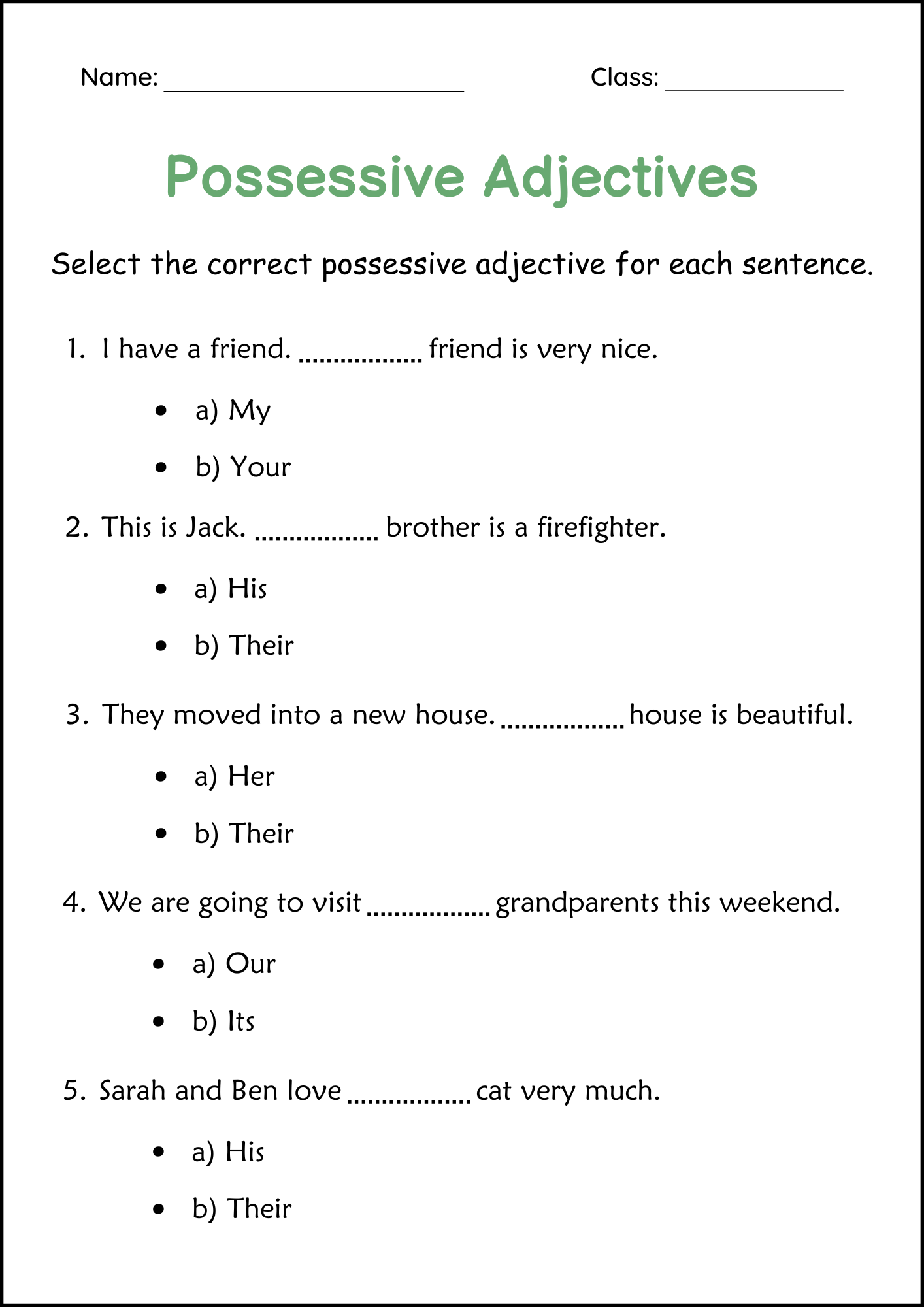 Printable Possessive Adjectives Grammar Worksheet For Grade 1 Made By Teachers