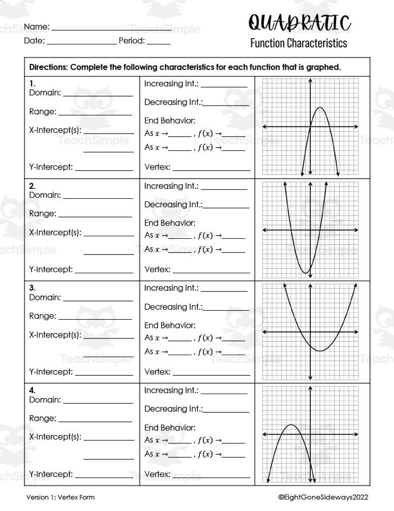 Quadratic Functions Vertex Form Worksheet By Teach Simple