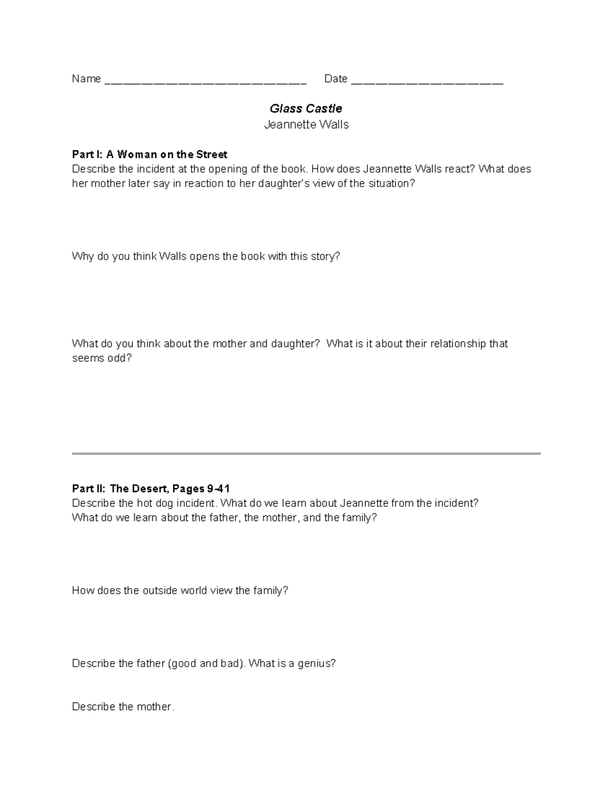 Questions On Glass Castle A Study Of Jeannette Walls Memoir Studocu