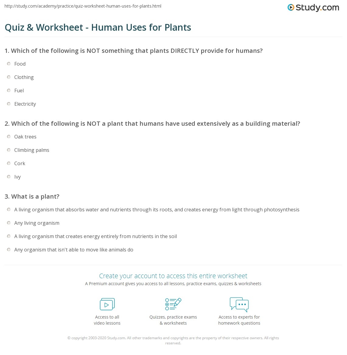 Quiz Worksheet Human Uses For Plants Study Quiz Worksheet Human Uses For Plants Study