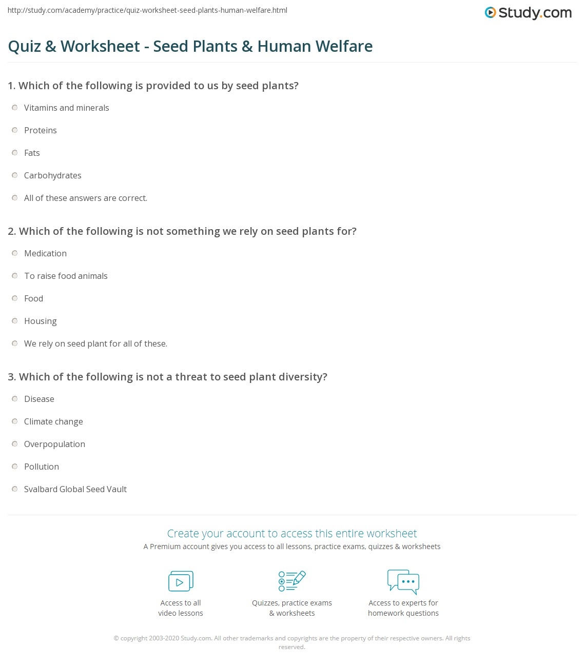 Quiz Worksheet Seed Plants Human Welfare Study