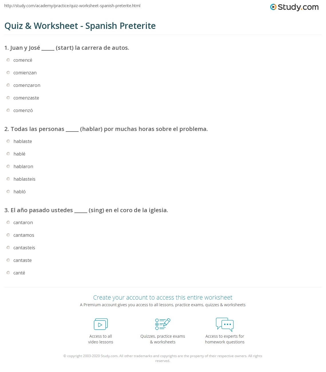 Quiz Worksheet Spanish Preterite Study