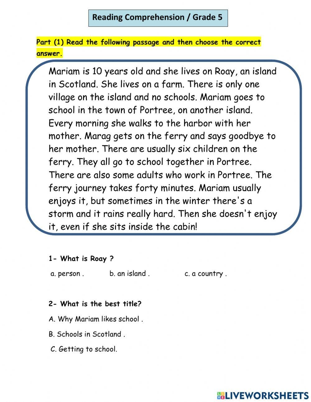 Reading Comprehension 1 Grade 5 Online Exercise For Live Worksheets Library Reading Comprehension 1 Grade 5 Online Exercise For Live Worksheets Library