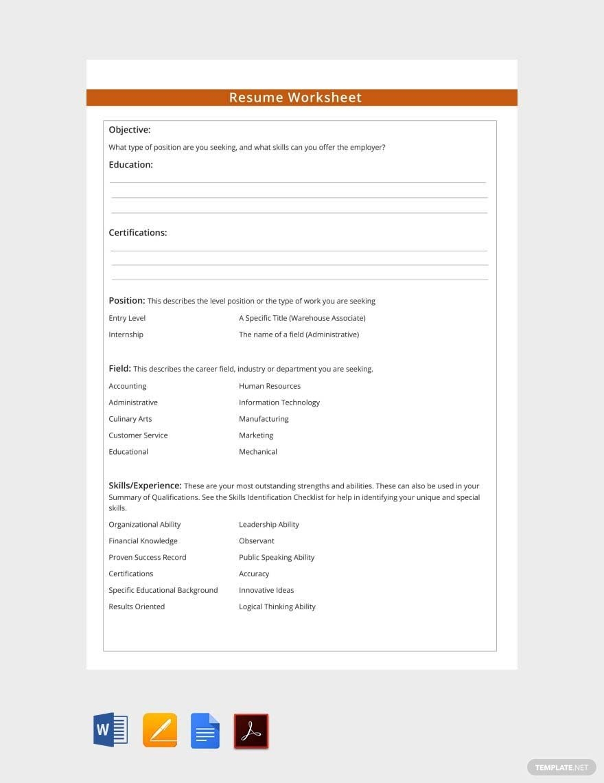 Resume Worksheet Template In Word Pages PDF Google Docs Download Template Free Printable Resume Worksheet Templates Worksheets Library