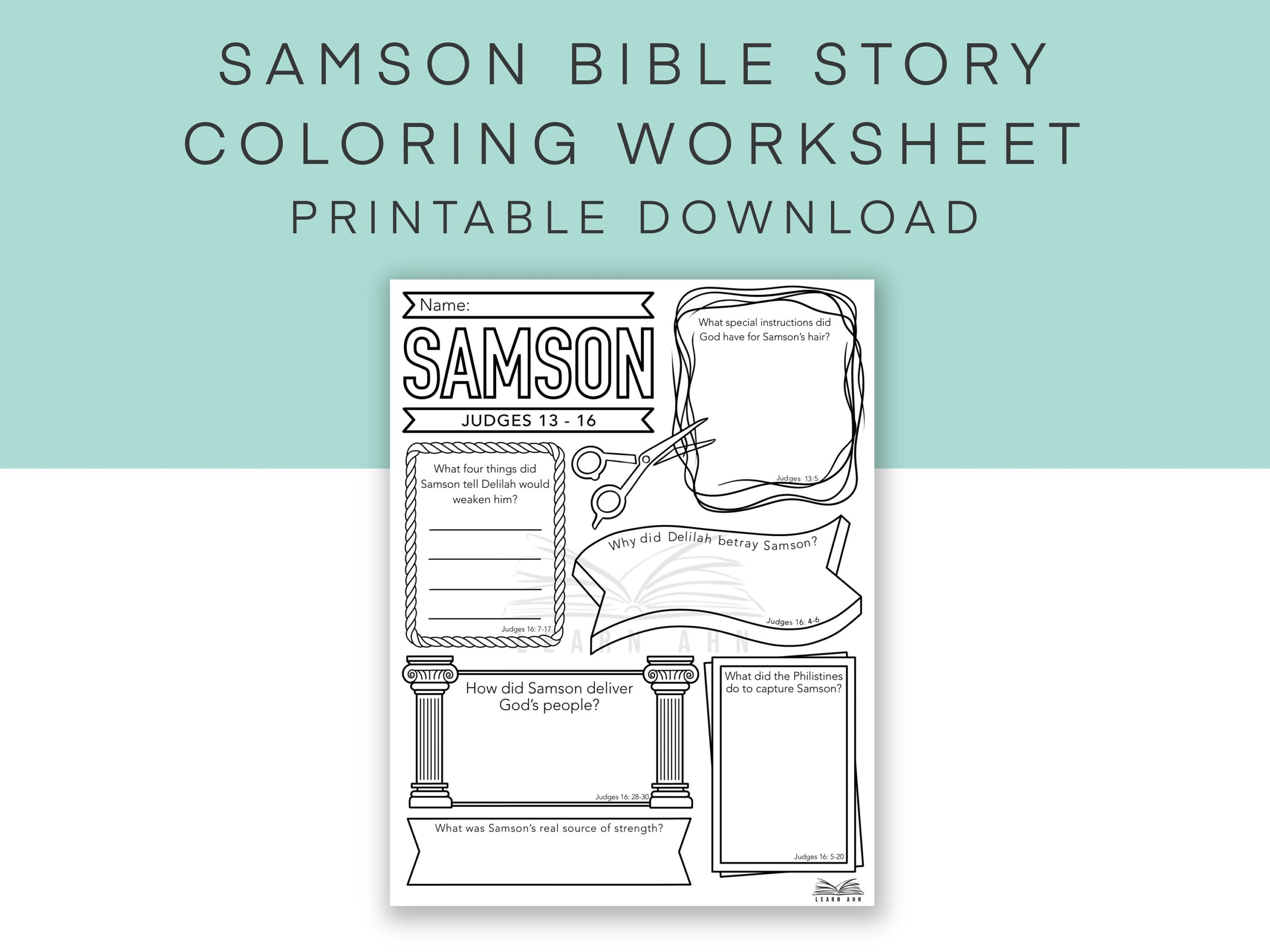 Samson Bible Story Worksheet Sunday School Coloring Page Samson And Delilah Discussion Questions Bible Activities For Kids And Teens Etsy