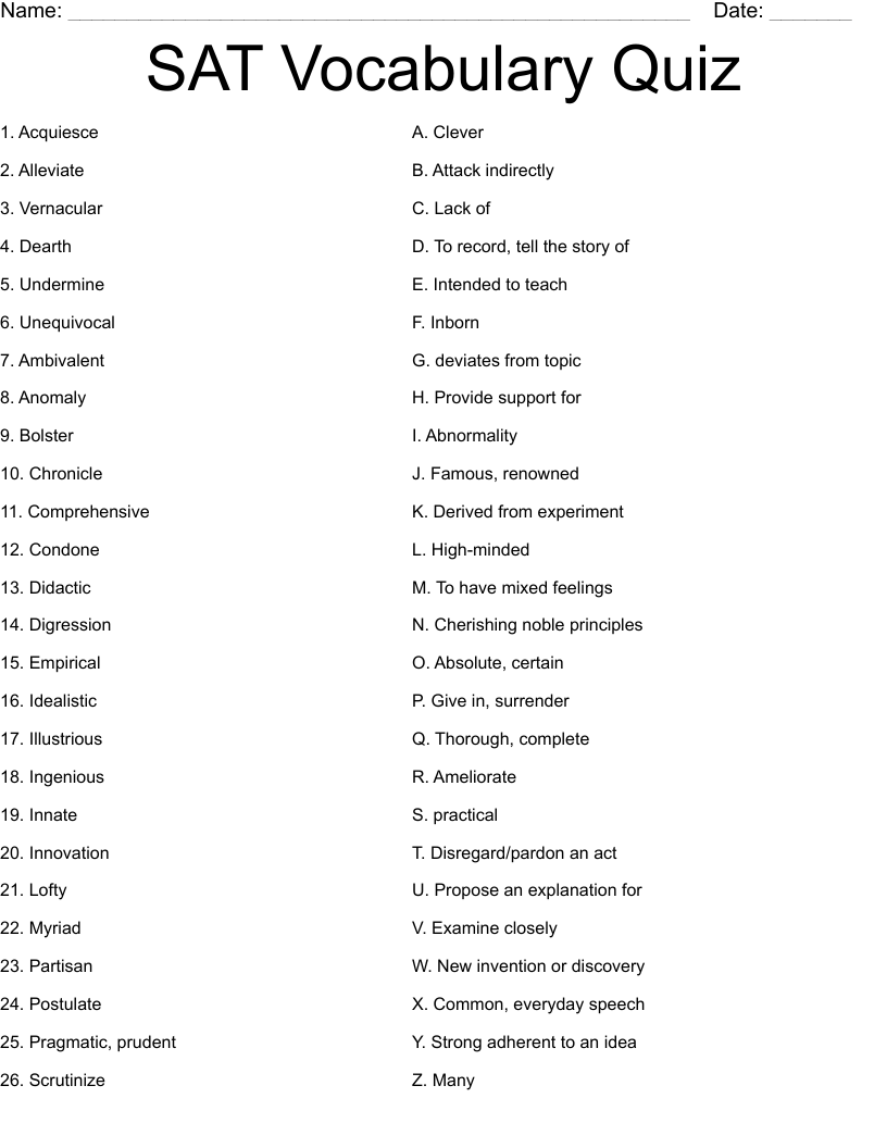 SAT Vocabulary Quiz Worksheet WordMint