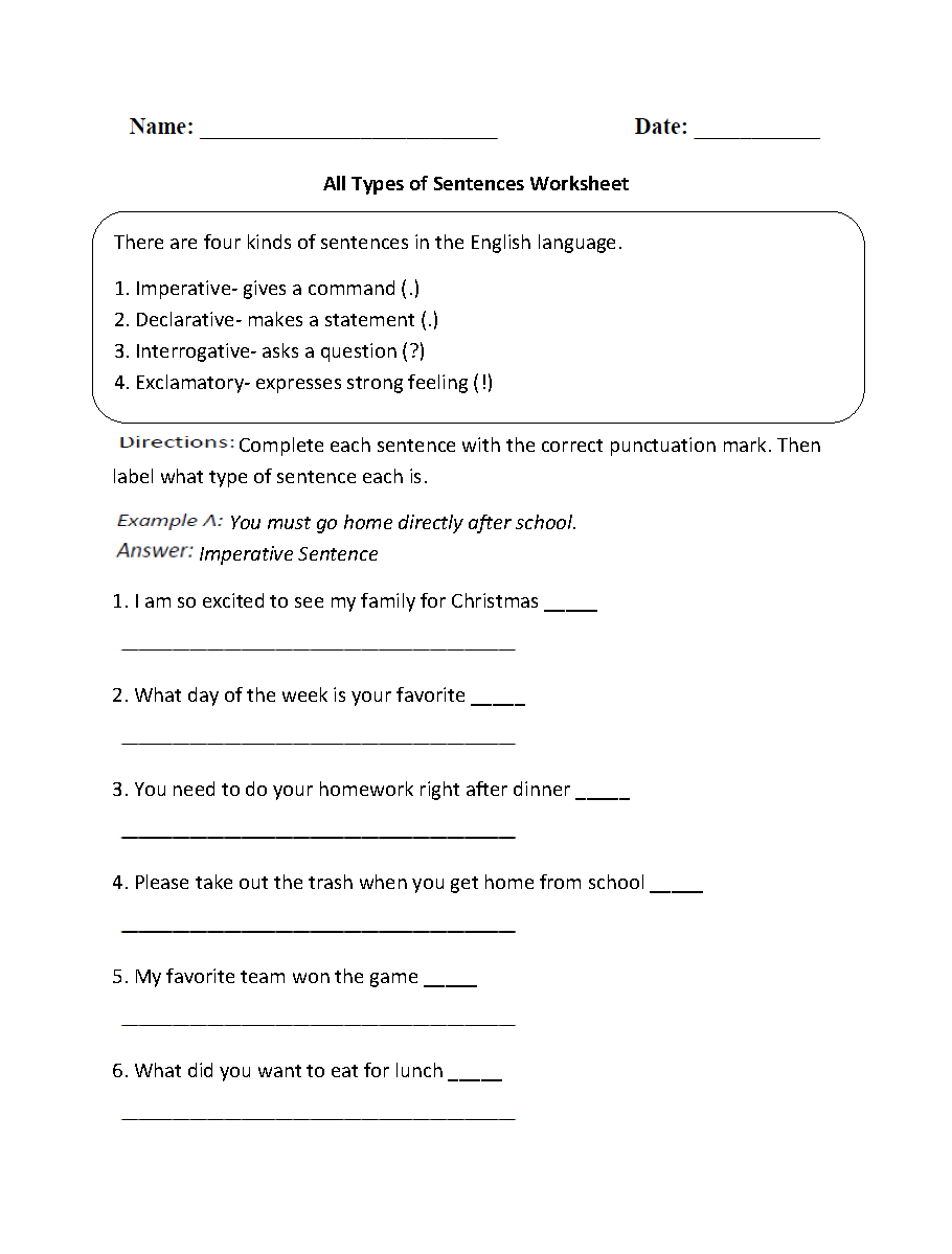 Four Types Of Sentences Grammar Worksheets Declarative Interrogative Imperative Exclamatory Made By Teachers