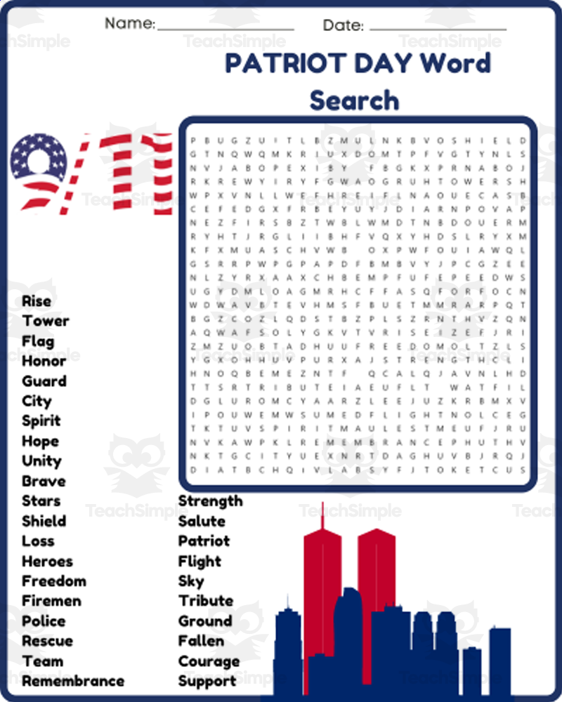 SEPTEMBER 11TH PATRIOT DAY Word Search Puzzle Worksheet Activity By Teach Simple