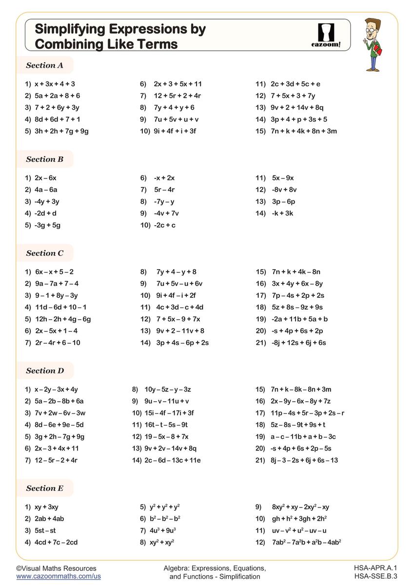 Simplifying Expressions By Combining Like Terms Worksheet Algebra I PDF Worksheets Cazoom Math