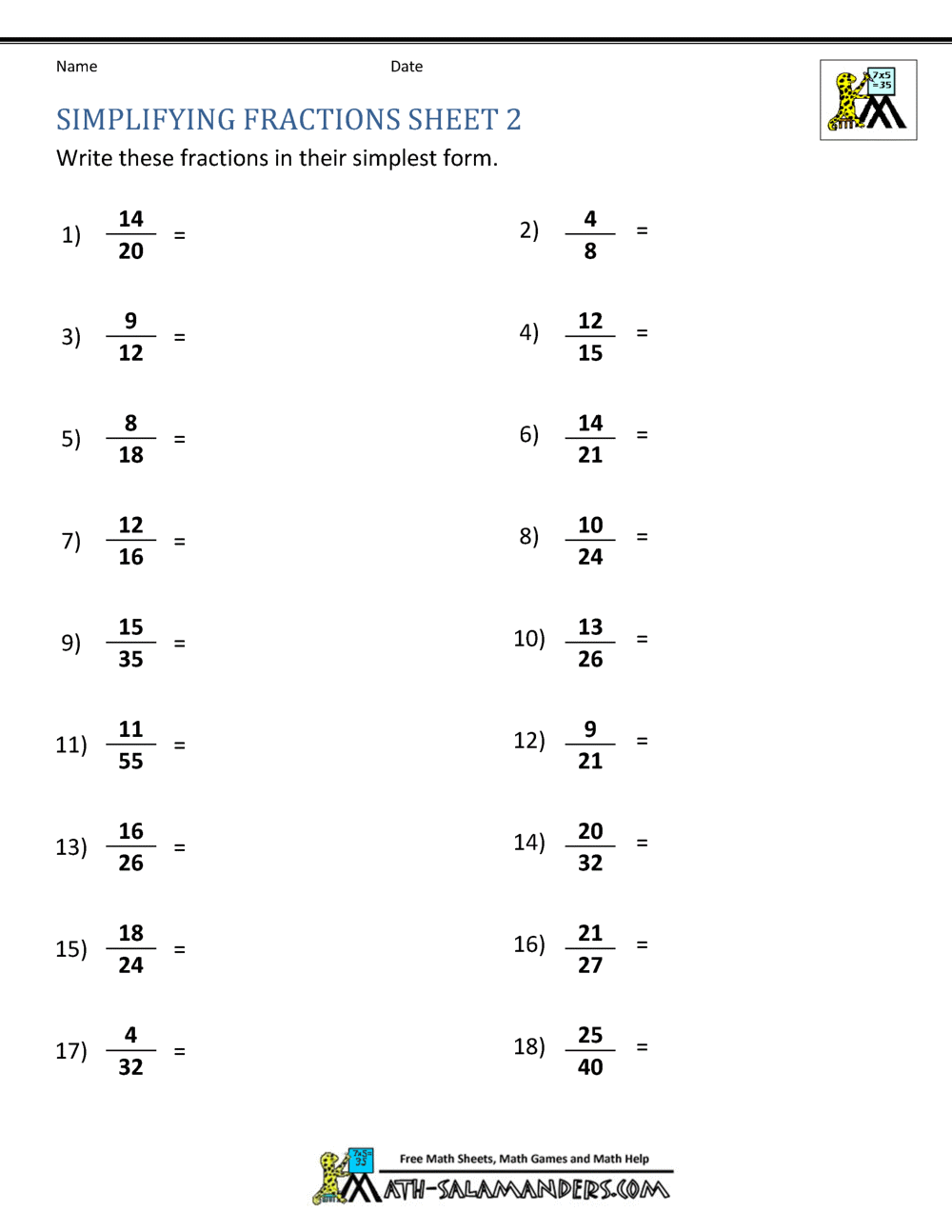 Simplifying Fractions Worksheet Simplifying Fractions Worksheet