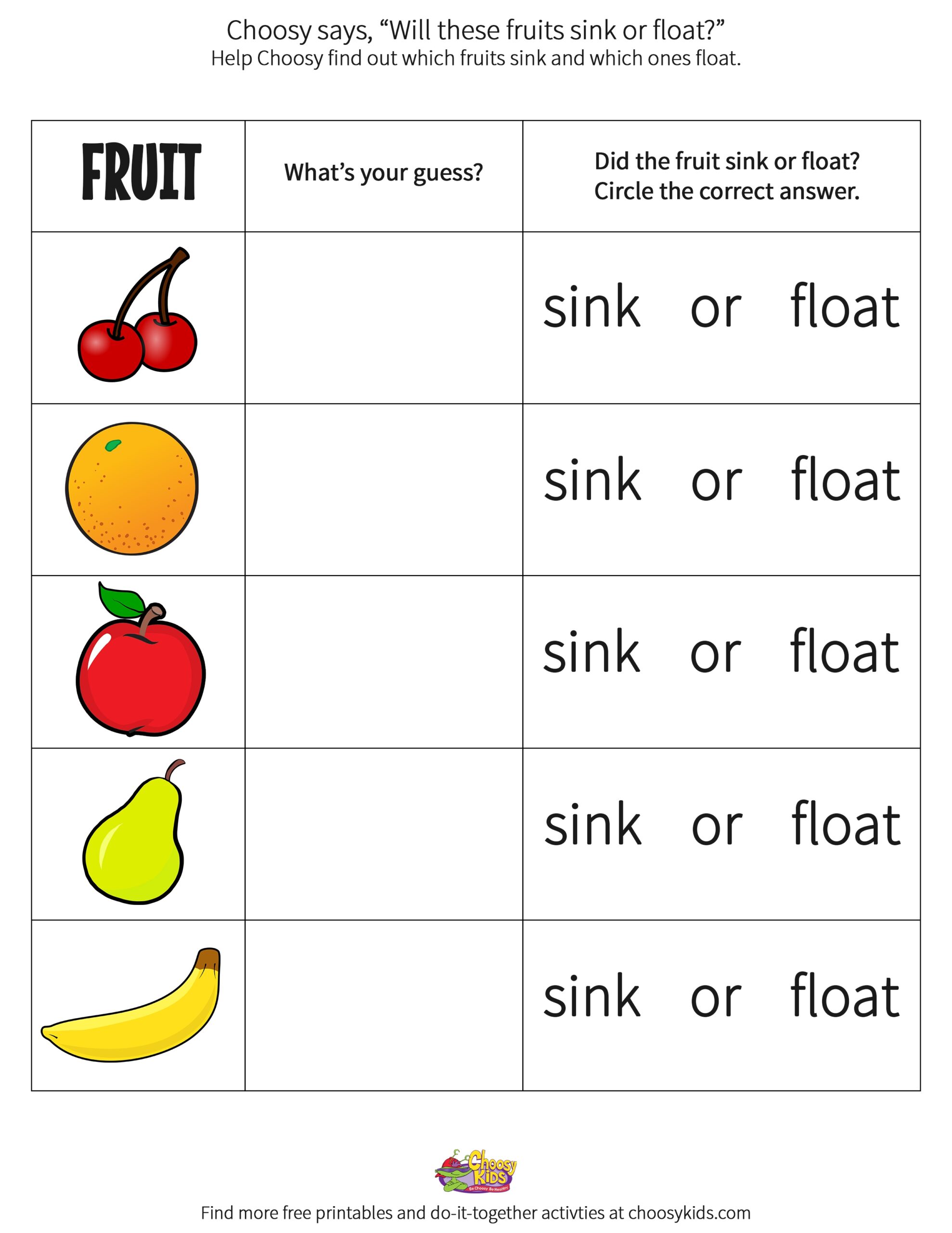 Sink Or Float Fruit Printable Choosy Kids Sink Or Float Cut And Paste Worksheet Printable Etsy
