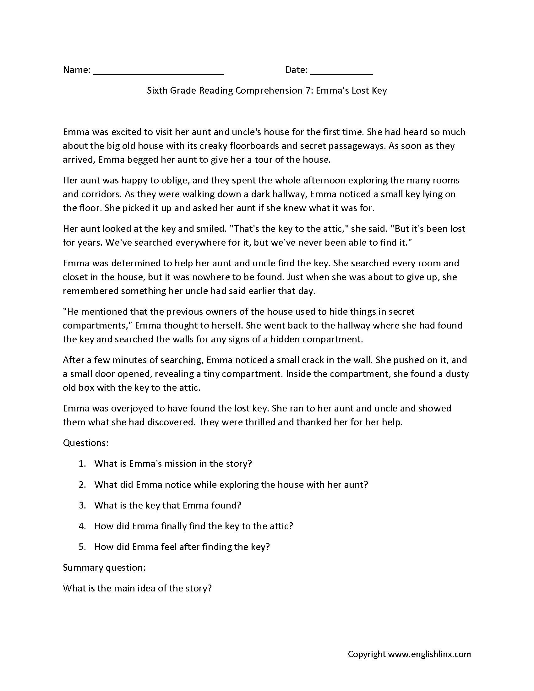 Sixth Grade Reading Comprehension Worksheets Free Printable 6th Grade Reading Passages Reading Worksheets Comprehension And Inference Skills