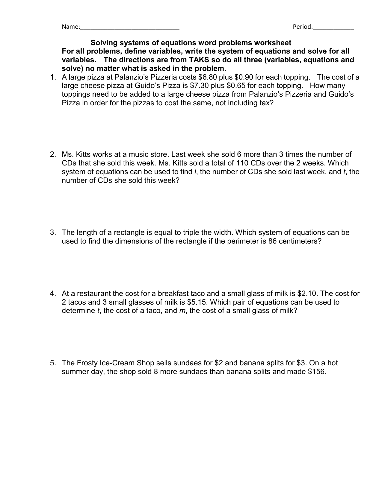 Solve Systems Of Equations Word Problems Worksheets Practice Problems