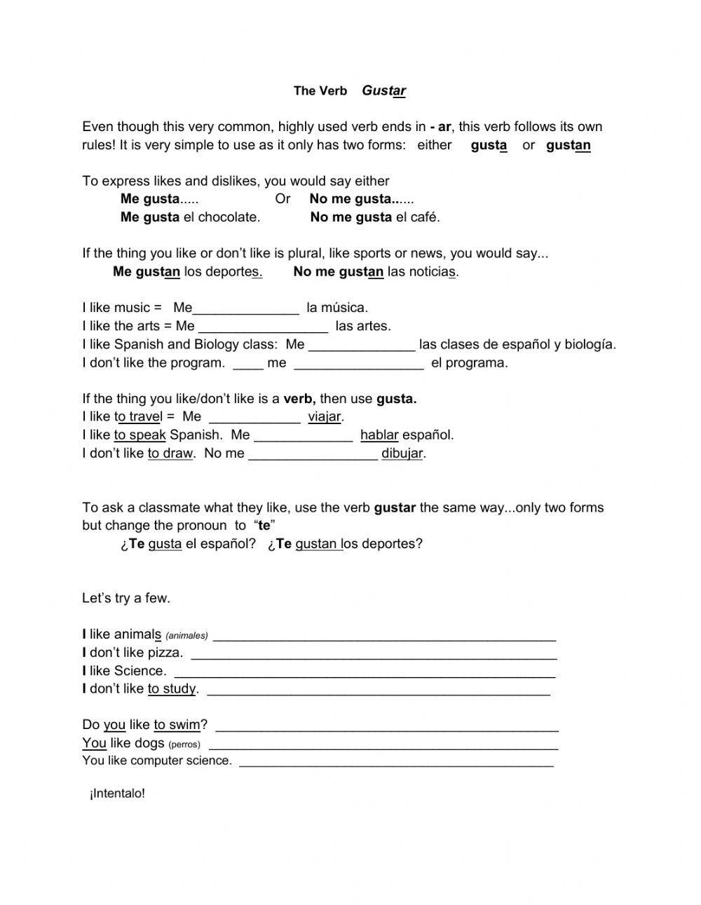 SPA 202 Gustar And Similar Verbs Gustar And Similar Verbs Worksheets Library