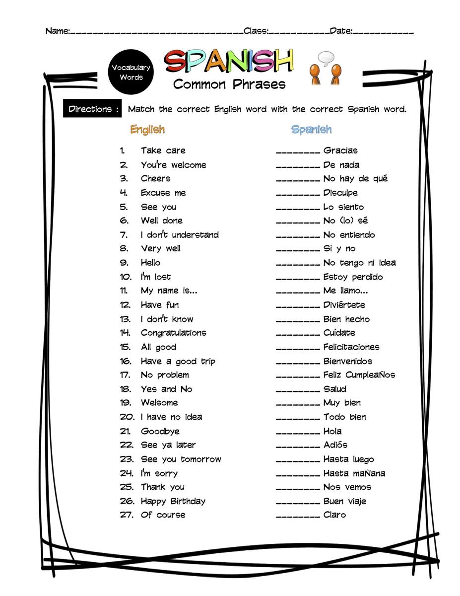 Spanish Common Phrases Vocabulary Matching Worksheet Answer Key Made By Teachers Basic Sentence Structure In Spanish PDF Worksheet Spanish Learning Lab