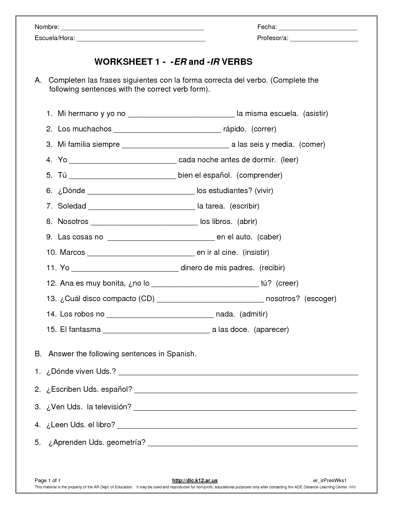 Spanish ER Ir Verb Worksheet Spanish Verbs Spanish Worksheets Worksheets Library