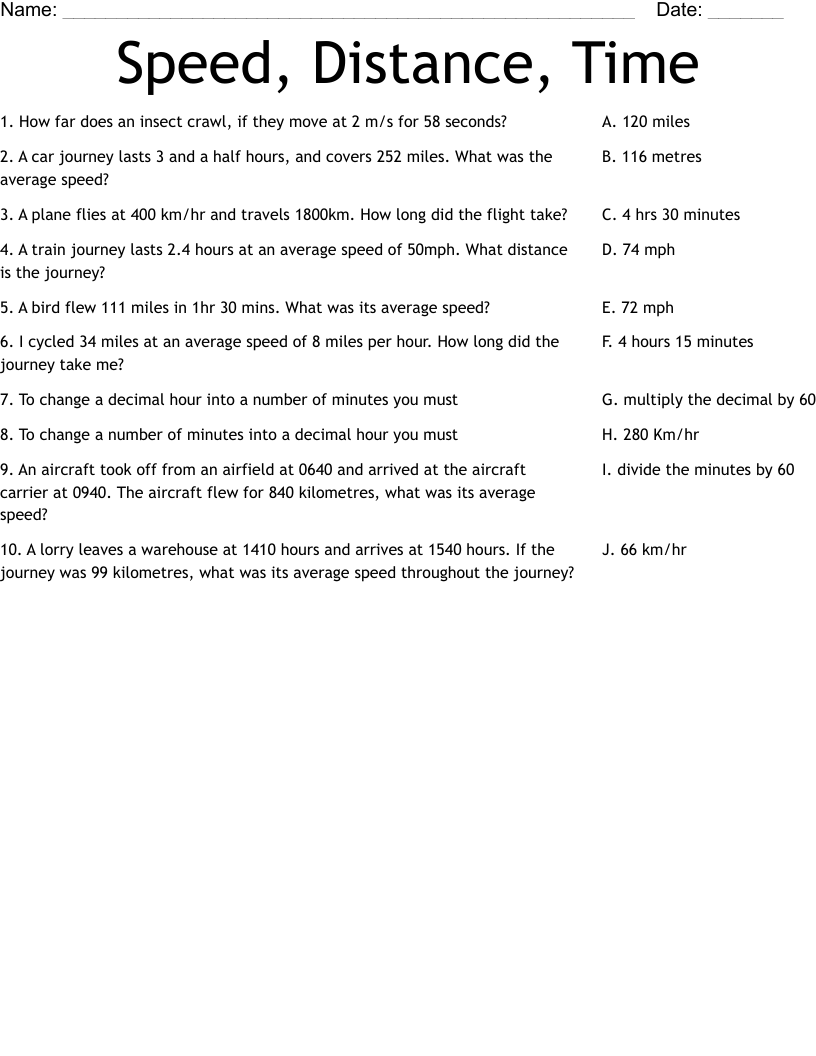 Speed Distance Time Worksheet WordMint Speed Time And Distance Word Problems Worksheet Grade1to6