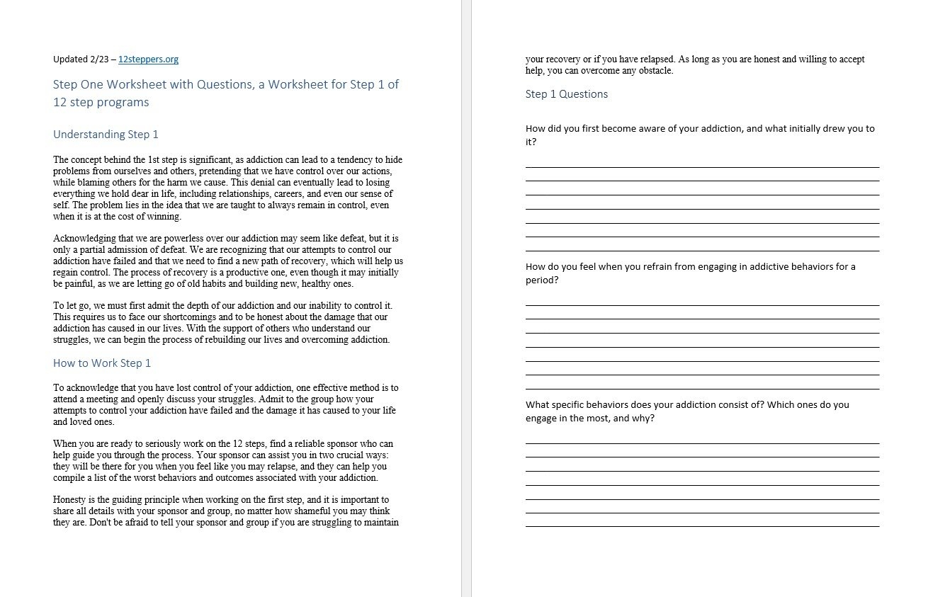 Step 1 Worksheet With Questions Free PDF Download Print 12 Steppers Step 1