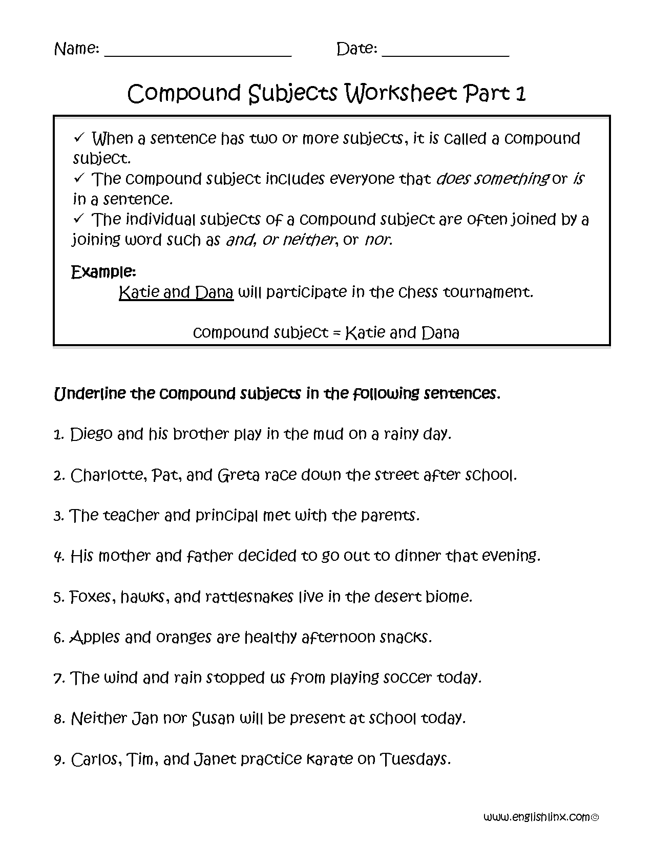 Subject And Predicate Worksheets Compound Subject Worksheet Part 1 Compound Subjects And Predicates Worksheet Sentence Structure Activity
