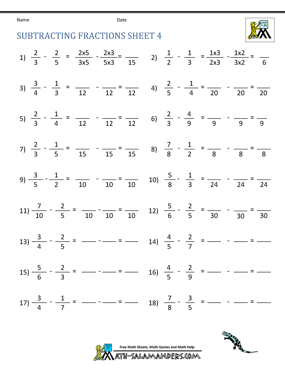 Subtracting Fractions Worksheets