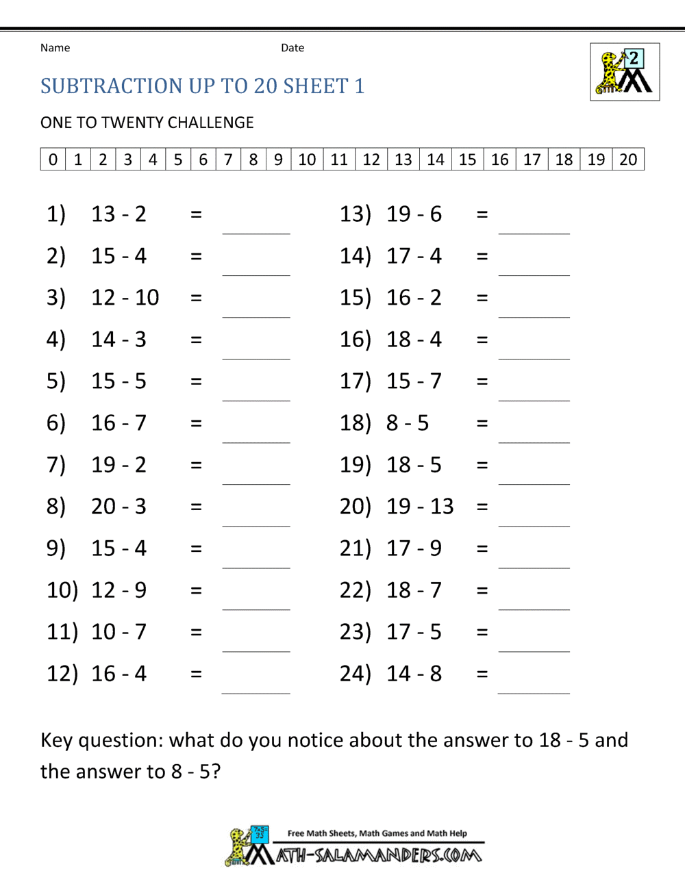 Subtraction Facts To 20 Subtraction Facts To 20