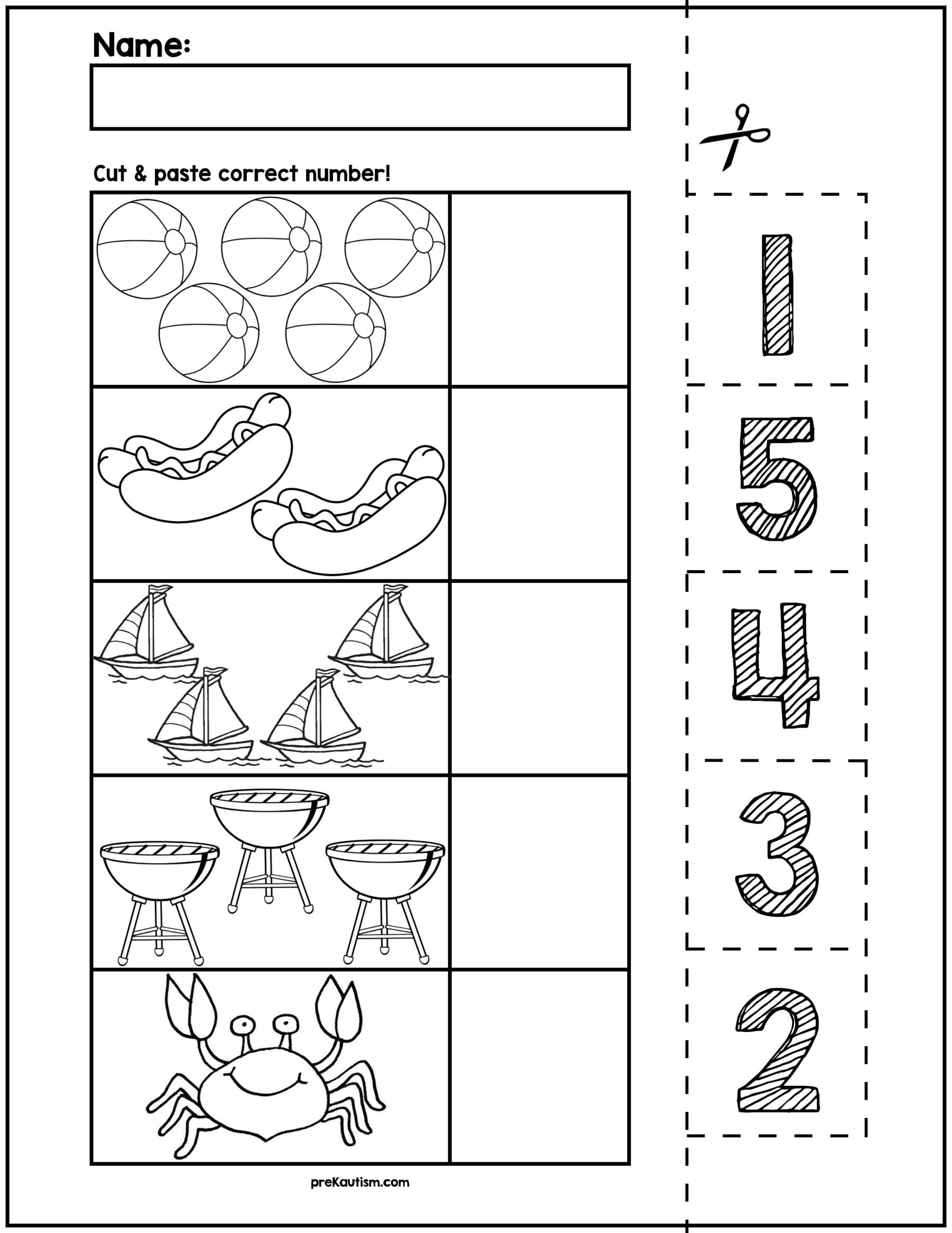 Summer Objects Cut Match Worksheets Numbers 1 5 By PreKautism