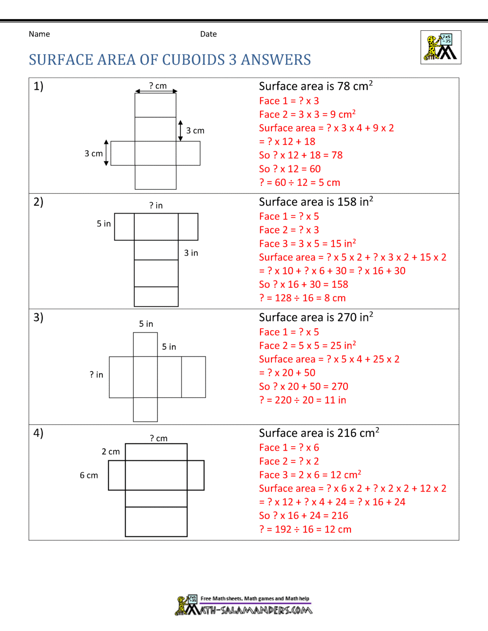 Surface Area Worksheet 6th Grade