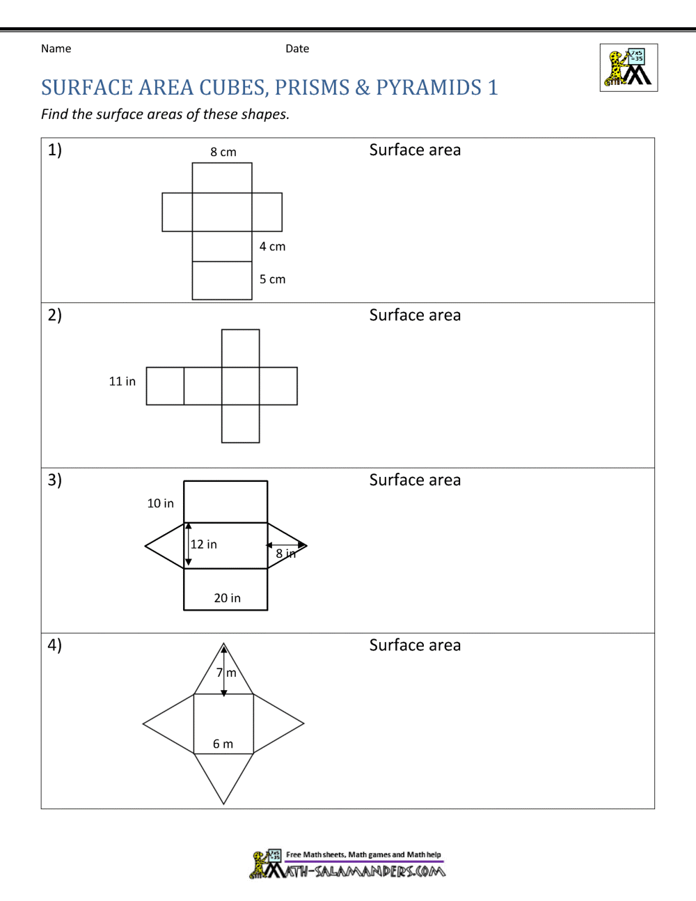 Surface Area Worksheet 6th Grade