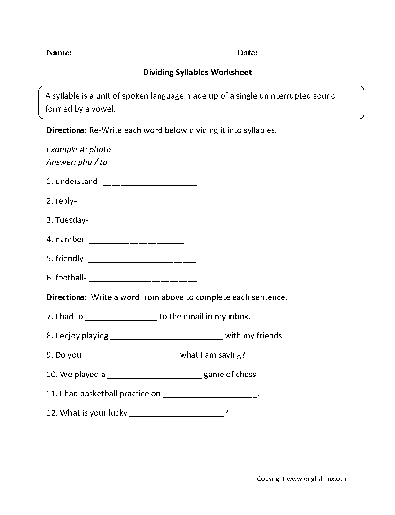 Syllables Worksheets Dividing The Syllables Worksheet