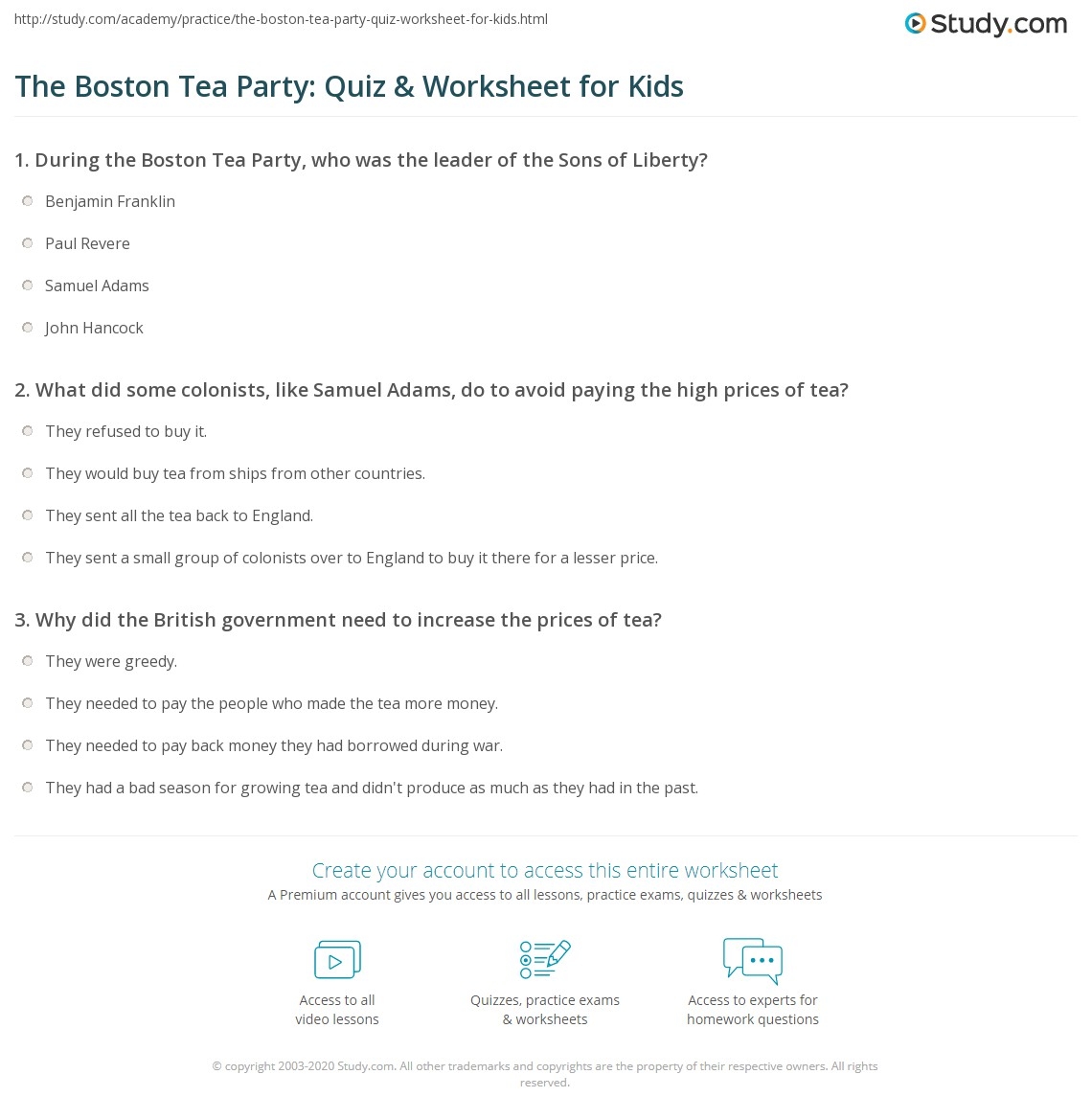The Boston Tea Party Quiz Worksheet For Kids Study